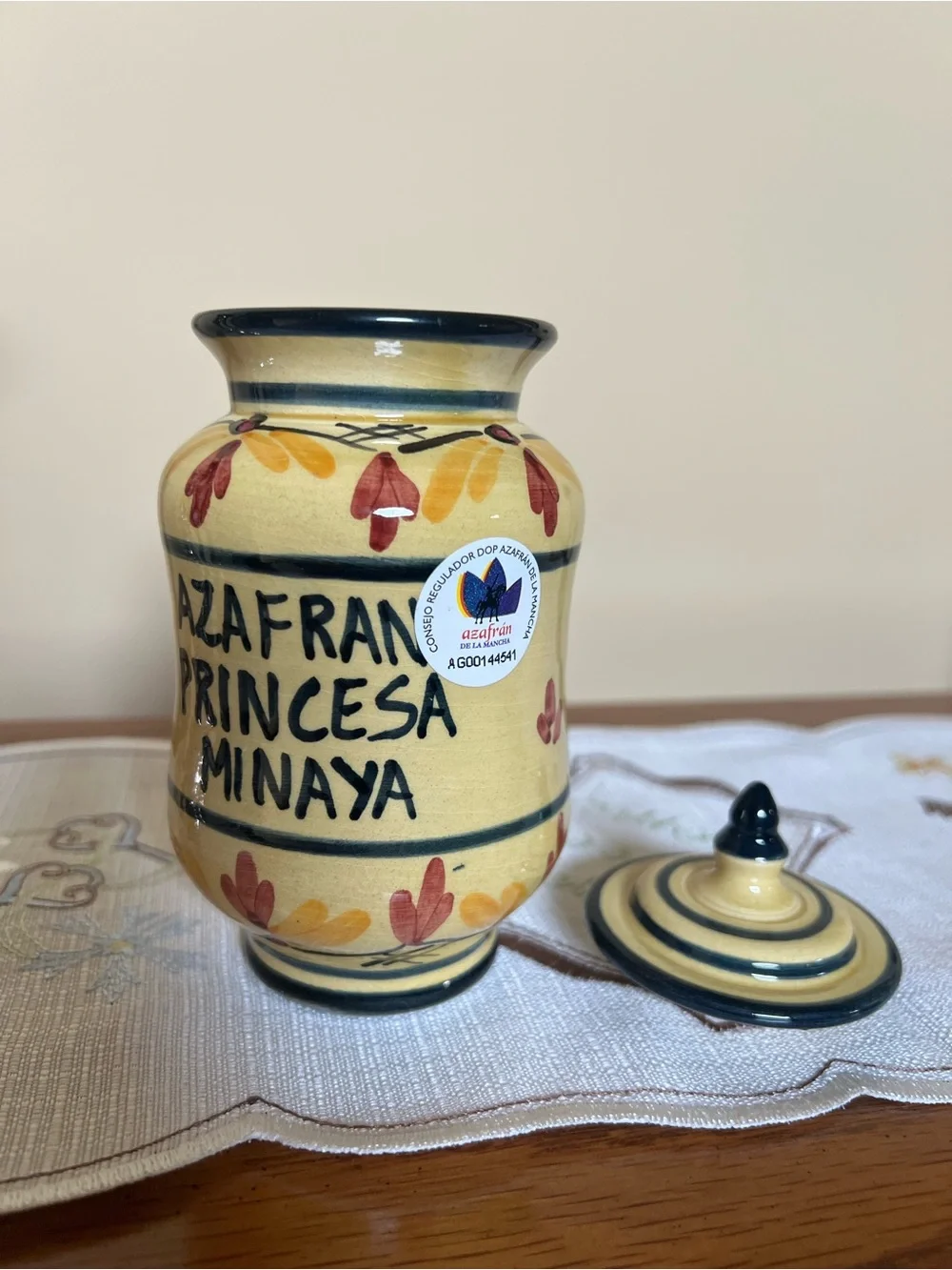 Princesa de Minaya Saffron Jar with Lid Ceramic Hand-Painted Yellow Blue - EMPTY